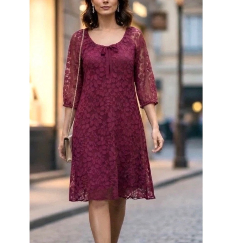 Garnet Hill Lace Dress Women 14 Burgundy Floral Leaf Scoop Neck 3/4 Sleeve Shift
